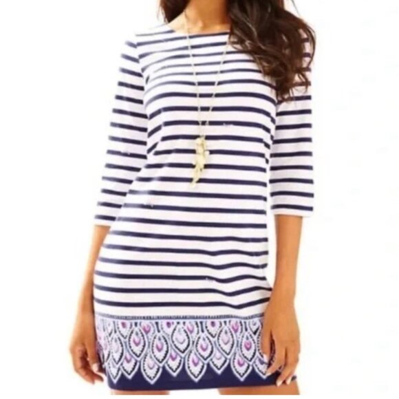 Lilly Pulitzer Striped Mini Cotton Sun Dress Sz Small Navy Blue & White 3/4 Slee - Picture 10 of 14